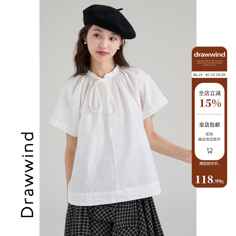 画风drawwind系带领短袖衬衫女2025新款夏季纯棉休闲宽松套头上衣