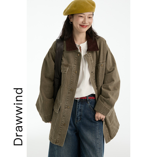 画风drawwind复古工装风衣女秋季水洗拼接全棉中长款宽松休闲外套