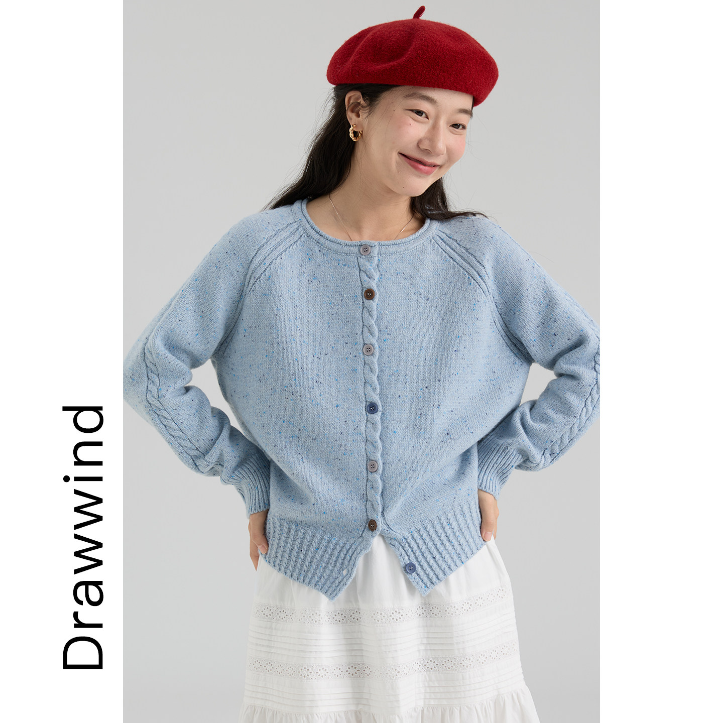 画风drawwind春季圆领针织开衫女2026新款点子纱麻花宽松毛衣外套