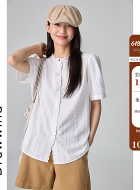 画风drawwind白色短袖宽松衬衫女夏季2026新款慵懒风刺绣立领上衣