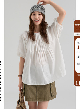 画风drawwind2026夏季新款娃娃衫女宽松重工褶皱设计短袖全棉上衣
