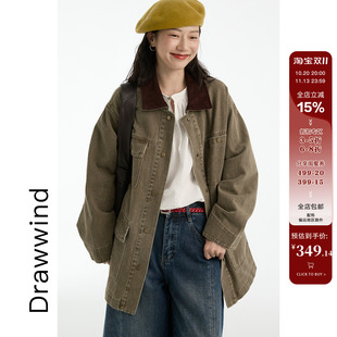 画风drawwind复古工装风衣女秋季水洗拼接全棉中长款宽松休闲外套
