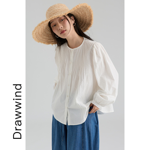 画风drawwind2026春季新款灯笼袖衬衫女宽松圆领压褶纯棉长袖衬衣
