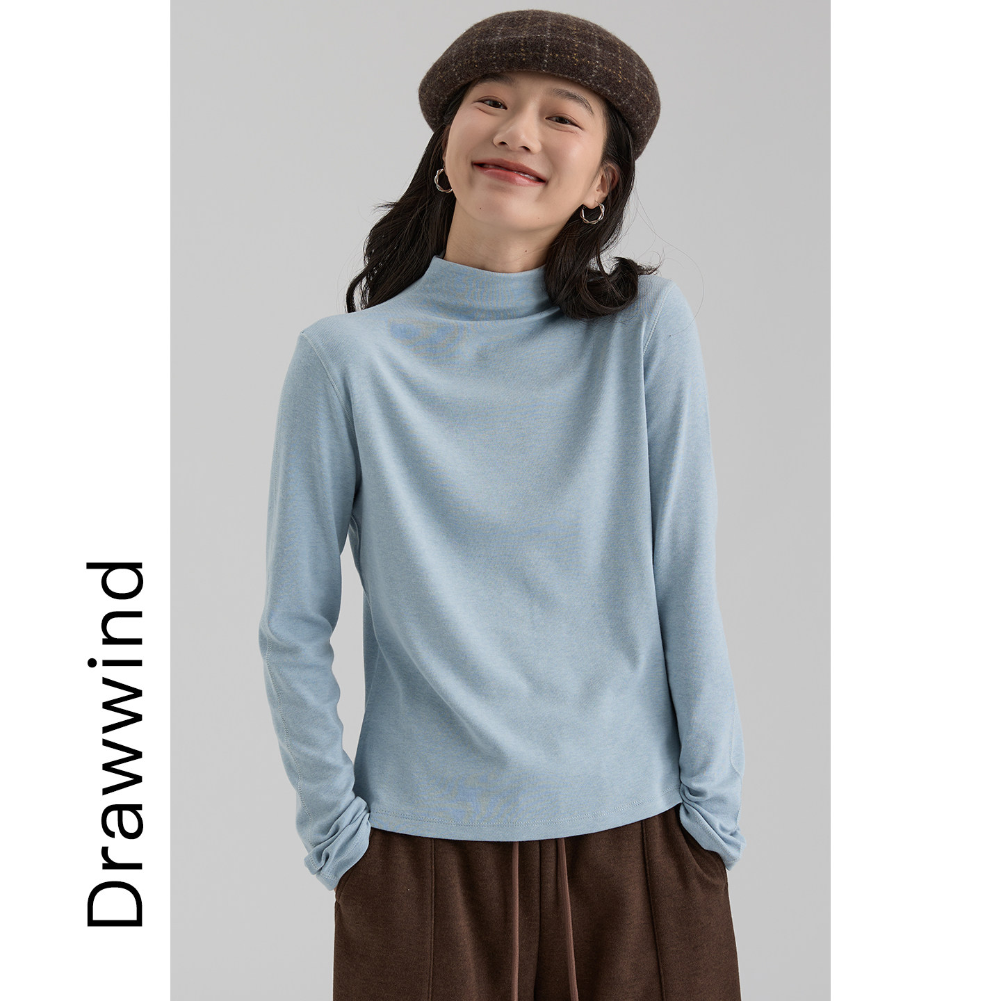 画风drawwind自由领打底衫女2026春季新款纯色半高领内搭长袖t恤