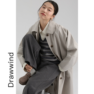 画风drawwind2026春秋季 中长款 风衣女韩版 纯色高级感翻领外套 新款