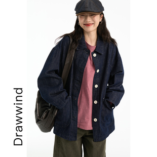 画风drawwind百搭牛仔外套女秋季大口袋翻领长袖宽松复古休闲夹克