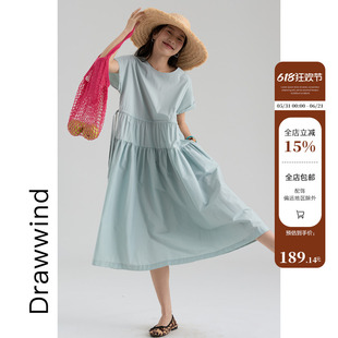 画风drawwind夏季新款短袖连衣裙女宽松圆领褶皱大裙摆A字长裙