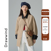 显瘦中长款 画风drawwind复古拼接皮领风衣外套女2025新款 秋季 大衣