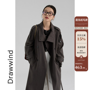 画风drawwind2026秋季新款韩版天丝纯色长款双排扣翻领风衣外套女