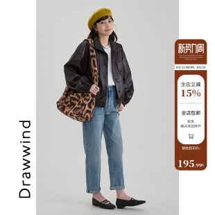 休闲廓形外套松紧下摆 2025新款 画风drawwind短款 翻领皮衣女秋季