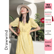 画风家drawwind 黄色连衣裙女夏季新款V领气质收腰系带显瘦长裙