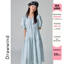 画风drawwind 短袖浅蓝色连衣裙女2024夏季新款V领显瘦法式长裙