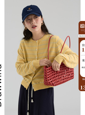 画风drawwind2026新款撞色条纹针织开衫女春季短款小个子圆领上衣