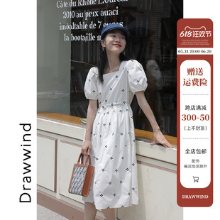画风家drawwind2024夏季 桔梗裙娃娃裙子 方领刺绣连衣裙泡泡袖 法式