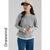 T恤女宽松圆领假两件打底衫 长绒棉长袖 新款 画风drawwind2026春季