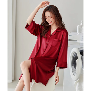 睡裙女夏季冰丝七分袖薄款夏天睡衣裙红色本命年仿真丝绸夏款中裙