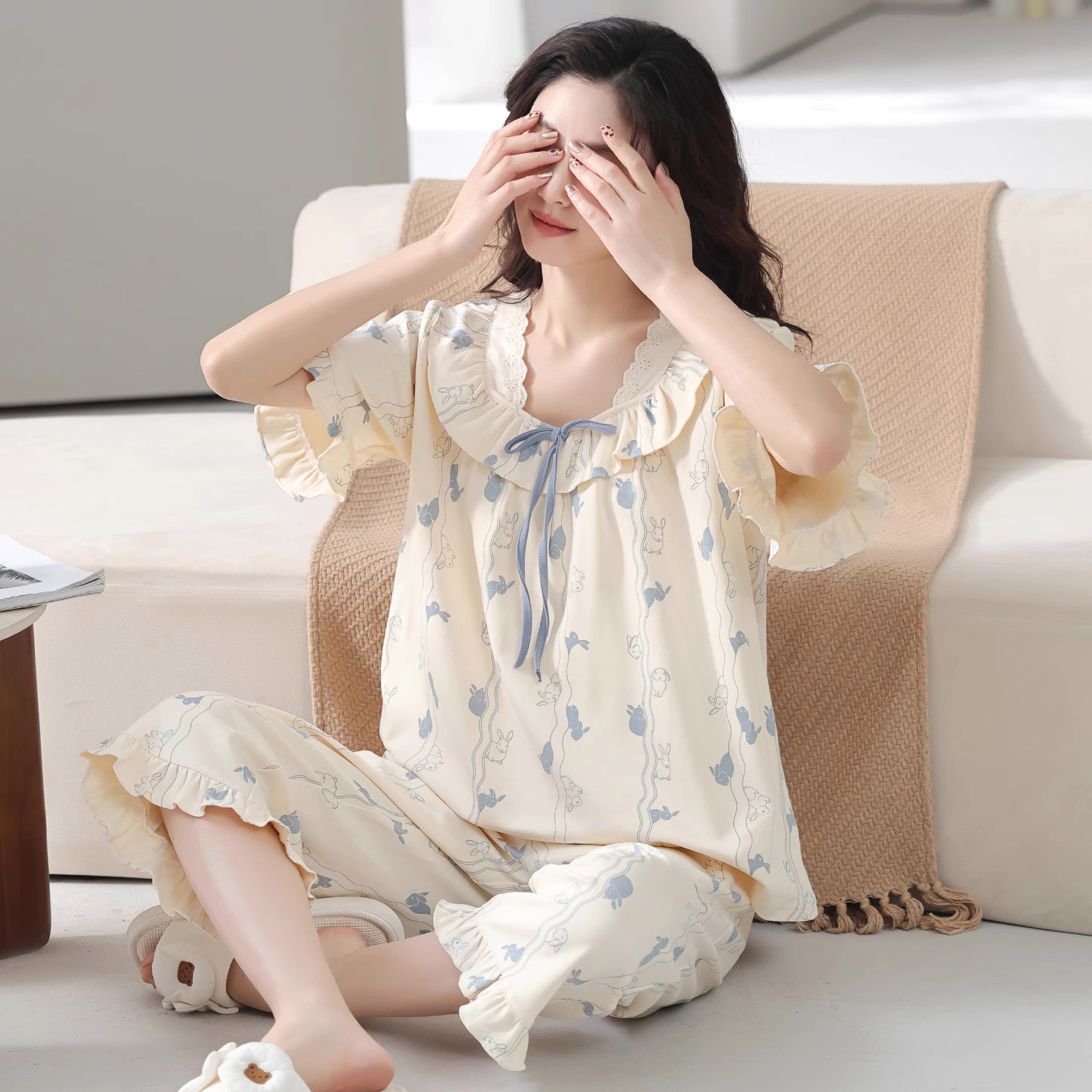 睡衣女款夏季纯棉短袖七分裤薄款2025新款宫廷风夏款可外穿家居服