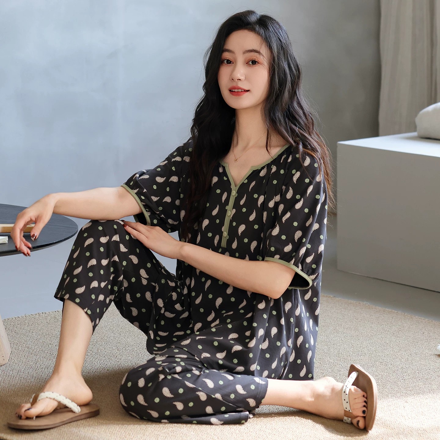 睡衣女款夏季纯棉短袖七分裤中年女士家居服薄款宽松慵懒风家居服