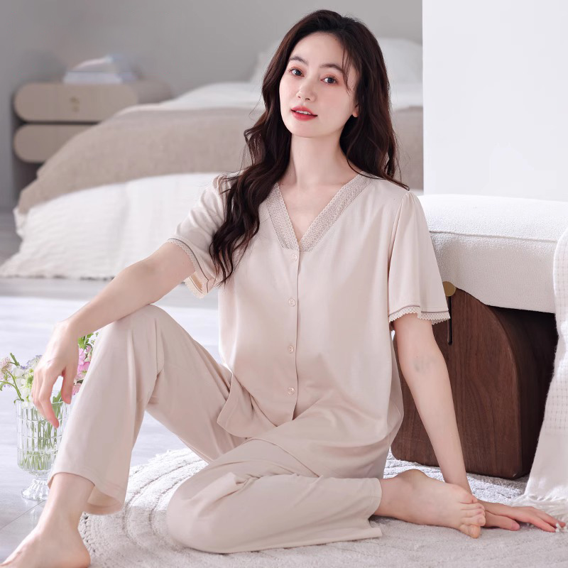 带胸垫睡衣女夏季短袖长裤莫代尔薄款夏天冰丝半袖女士妈妈家居服