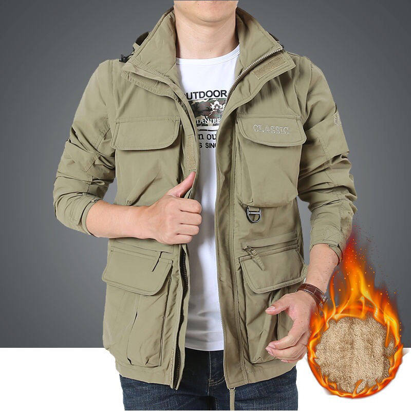 MULTI-POCKET MENS JACKET SPRING AND AUTUMN THIN BREATHABLE MIDDLE-AGED AND ELDERLY JACKET MENS WORKWEAR LOOSE LARGE SIZE FLEECE JACKET