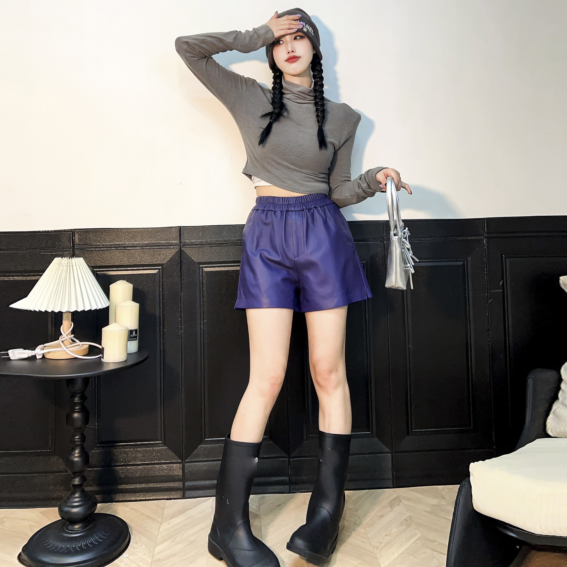 阔腿裤女2025秋季新款真皮紫色靴裤松紧腰外穿短裤绵羊皮百搭皮裤