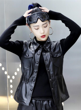 2025秋新款绵羊皮修身坎肩真皮翻领无袖马甲女短款外穿松紧腰外套