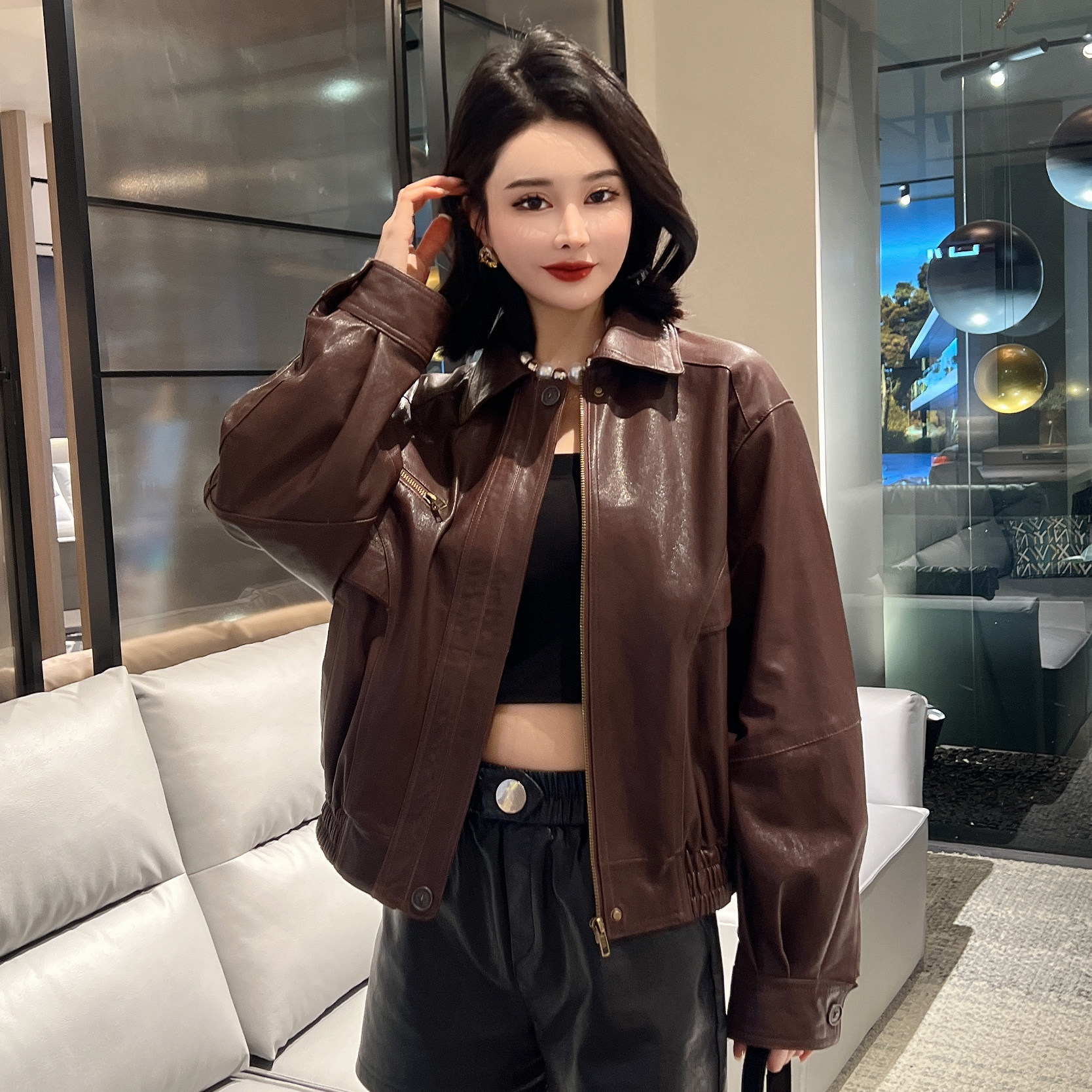 2025秋韩版女士绵羊皮翻领皮衣