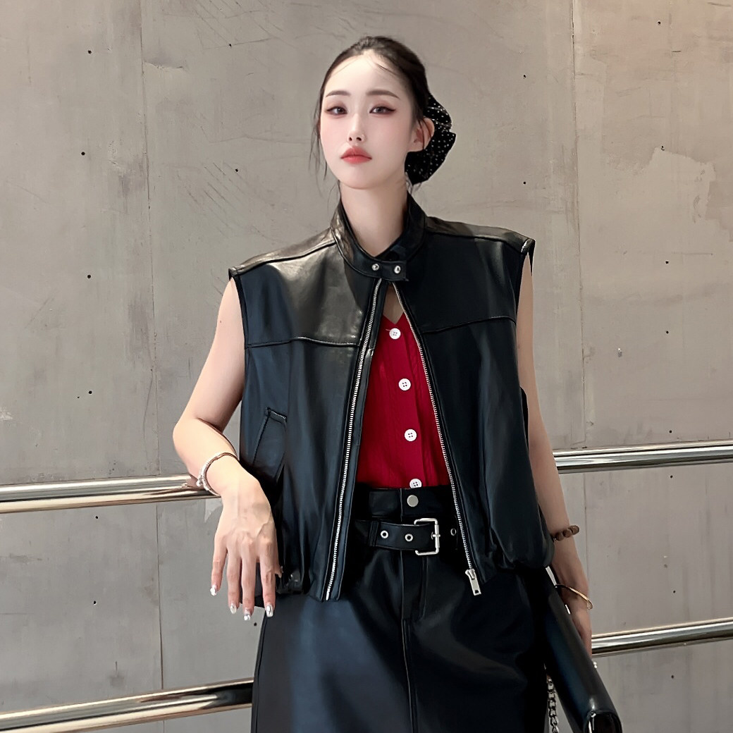 2025秋季新款绵羊皮立领马甲女短款真皮黑色外搭坎肩时尚无袖外套