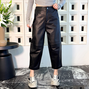 休闲裤女款2025年秋季新款真皮黑色皮裤松紧腰八分裤绵羊皮哈伦裤