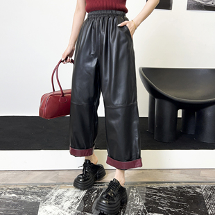 直筒裤女款2025年秋季新款绵羊皮往脚皮裤松紧腰九分裤真皮休闲裤