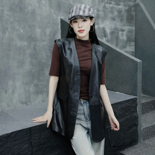 真皮黑色马甲女中长款2025秋季新款绵羊皮V领大坎肩修身无袖外套