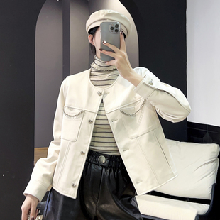 短外套女款2025秋季新款绵羊皮白色夹克真皮长袖上衣圆领修身皮衣