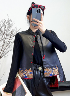 复古马甲女款2025秋季新款绵羊皮立领外搭坎肩真皮不规则无袖外套