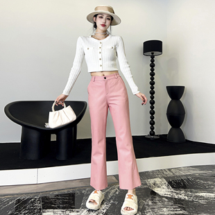 微喇裤女款2025秋新款真皮松紧腰皮裤粉色九分裤绵羊皮修身喇叭裤