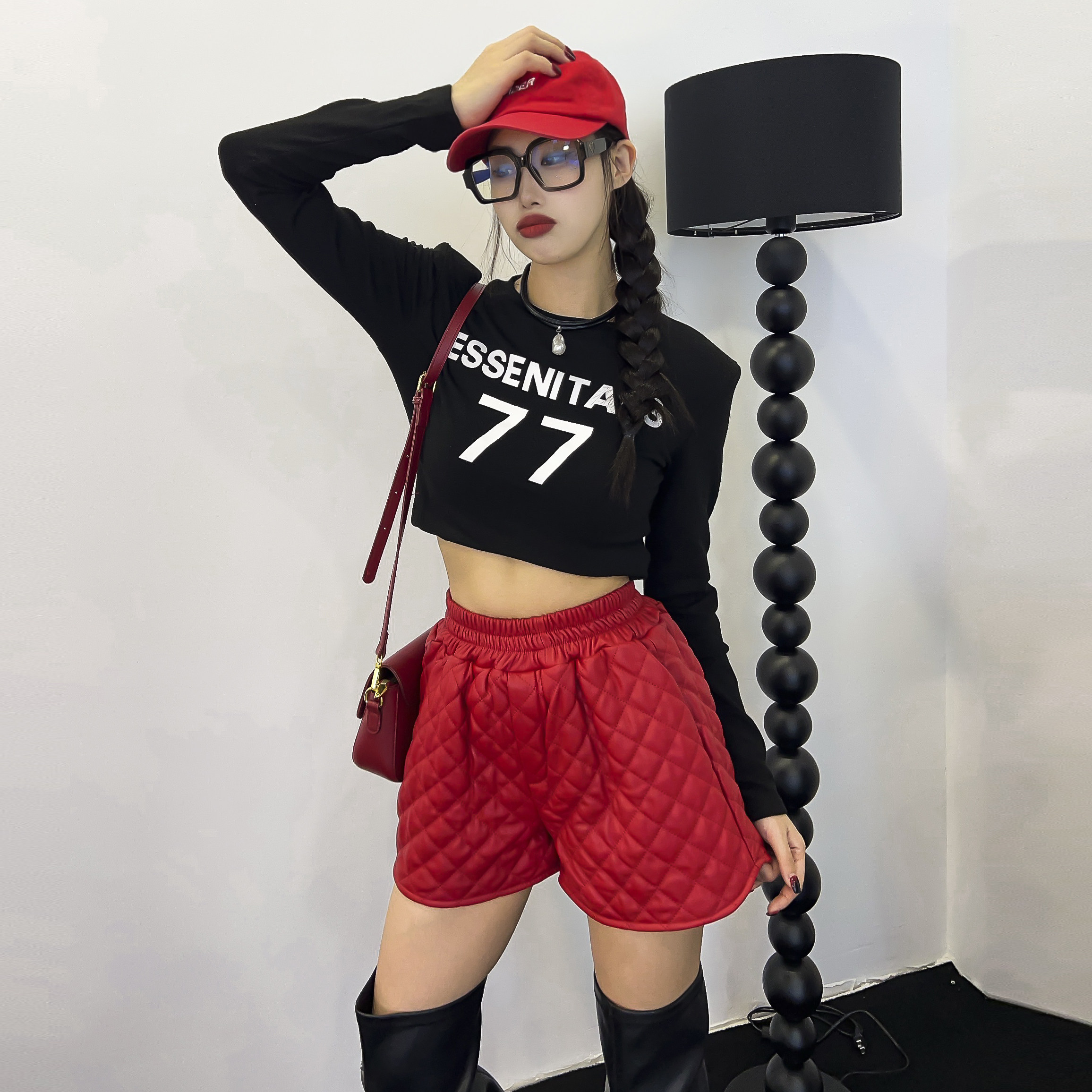 阔腿裤女秋季新款真皮红色皮裤松紧腰加棉外穿短裤绵羊皮格格靴裤