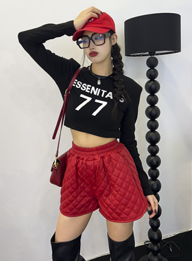 阔腿裤女秋季新款真皮红色皮裤松紧腰加棉外穿短裤绵羊皮格格靴裤