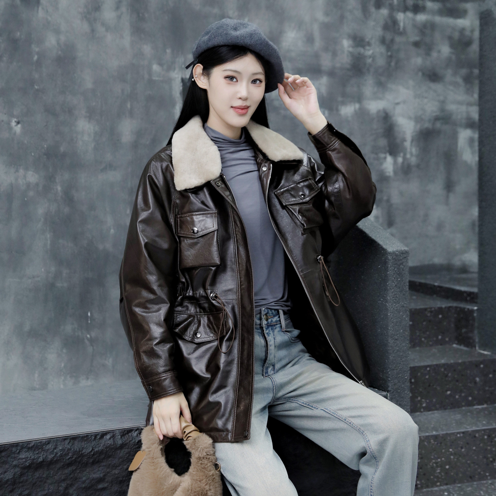 咖色皮衣女中长款2025秋新款外套