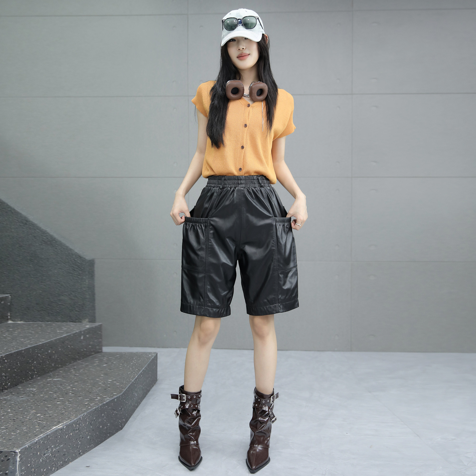 真皮五分裤女2025秋季新款