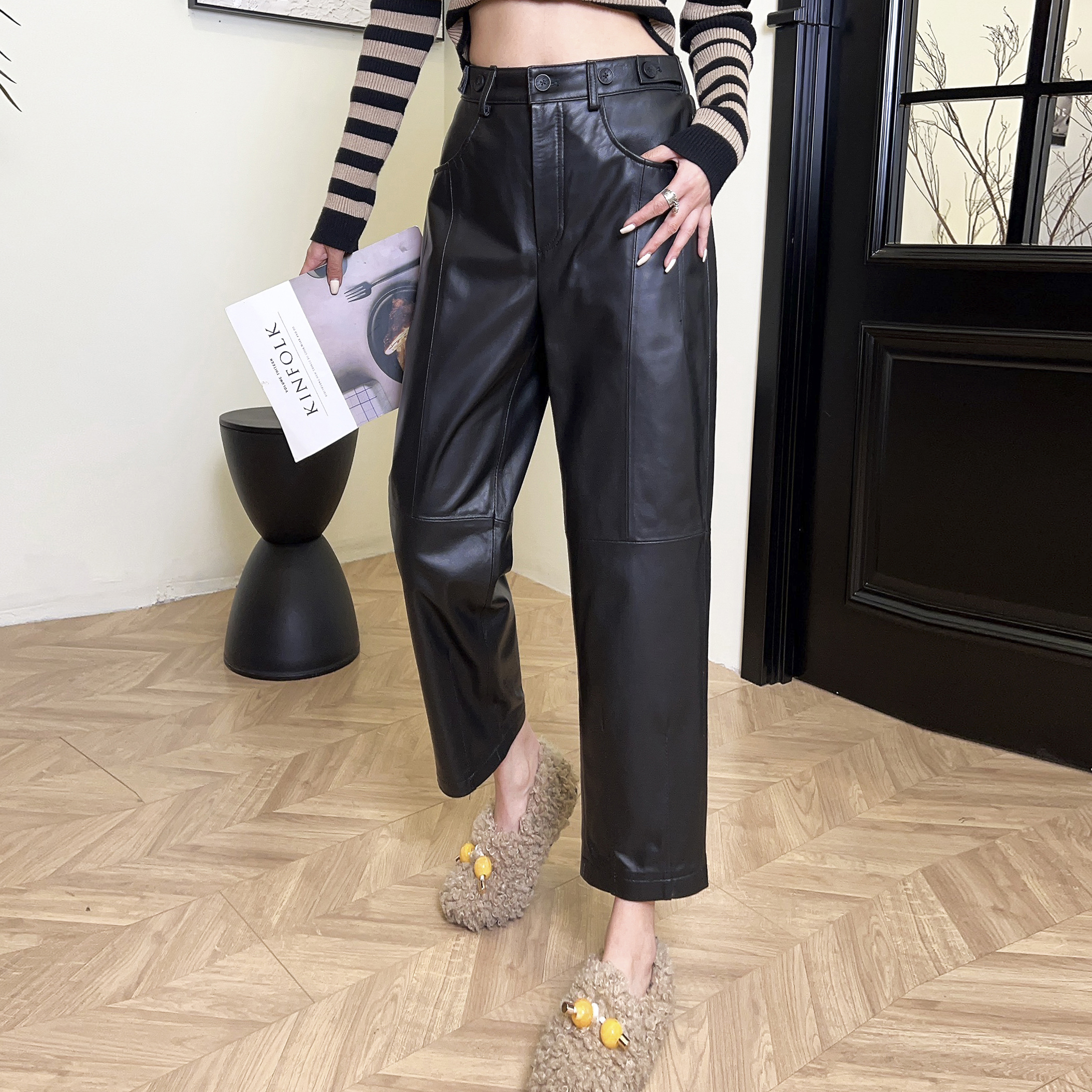 松紧腰通勤长裤黑色直筒裤