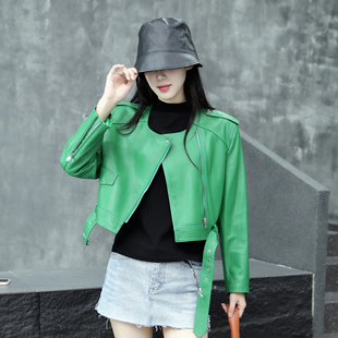 真皮皮衣女短款2025年秋季新款绵羊皮圆领长袖上衣果绿色机车外套