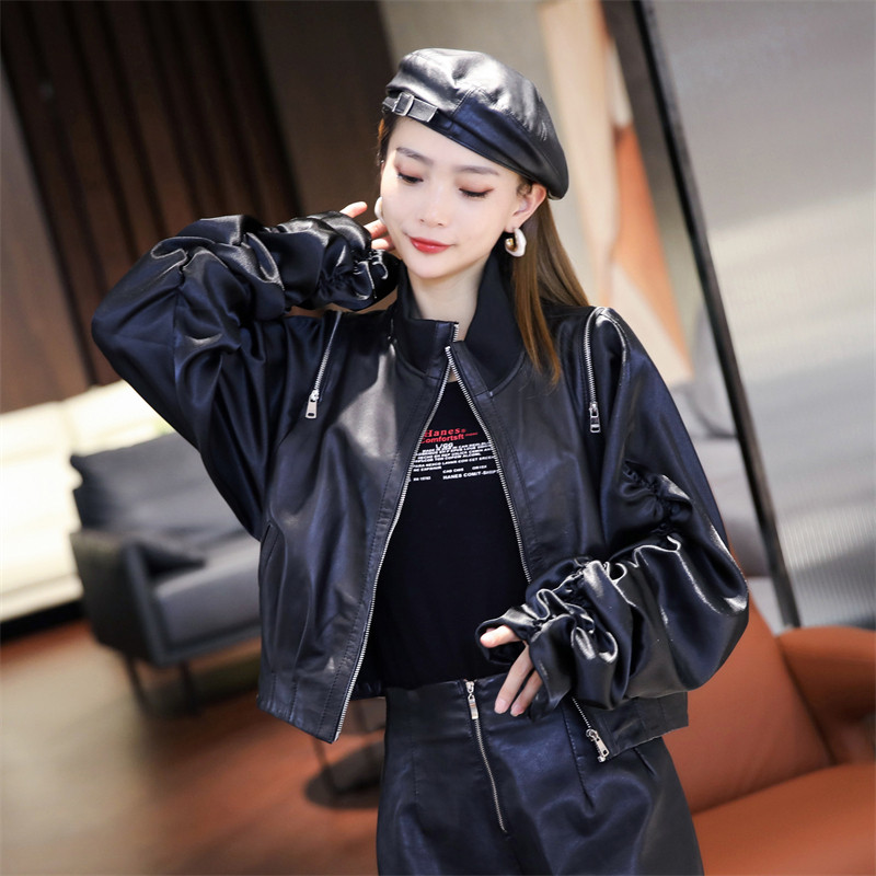 短外套女士2025秋季新款绵羊皮蝙蝠袖上衣真皮韩版皮衣黑色皮夹克