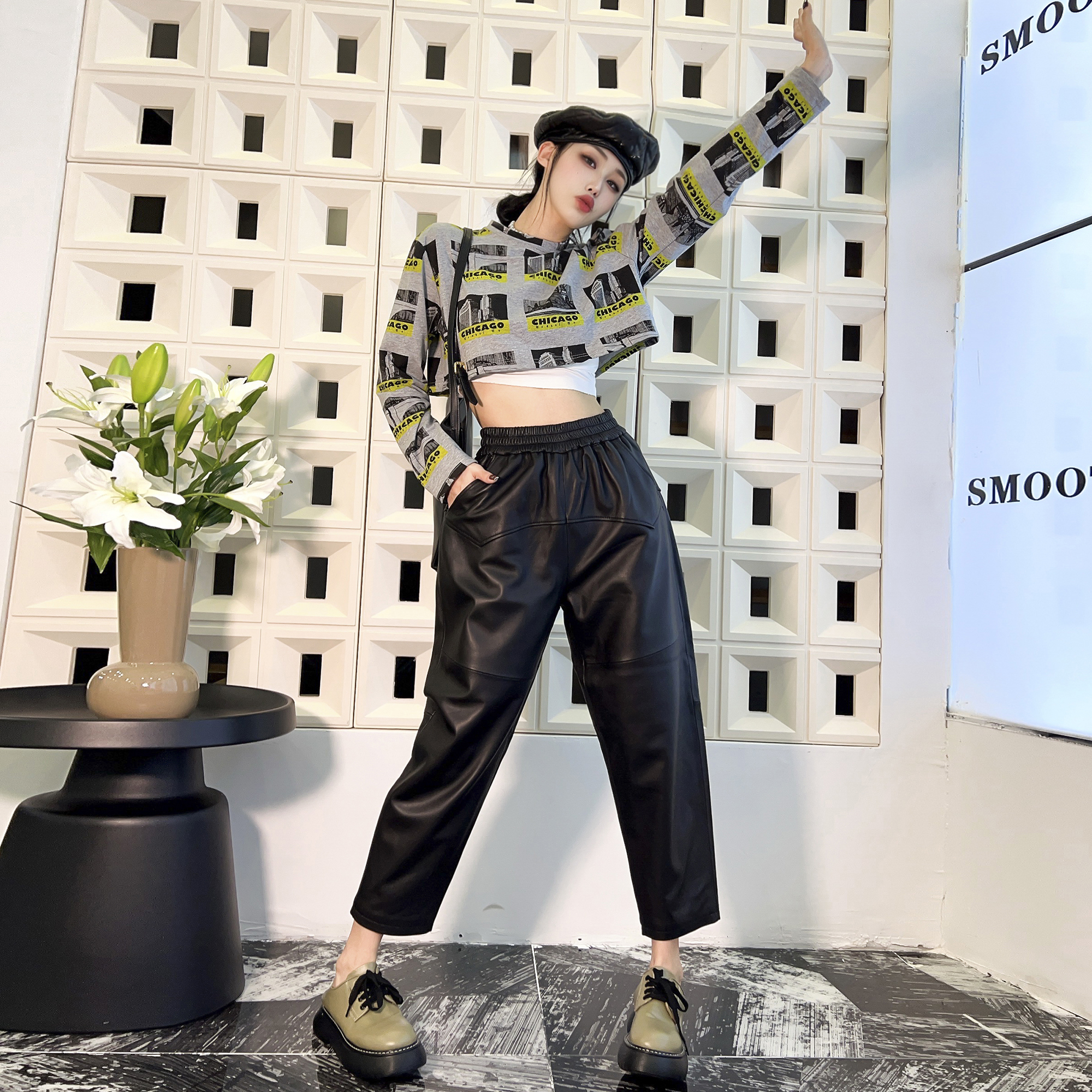 松紧腰通勤九分裤哈伦裤