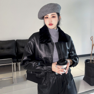 棉服女短款2025年秋季新款绵羊皮黑色毛领皮衣真皮长袖小个子外套