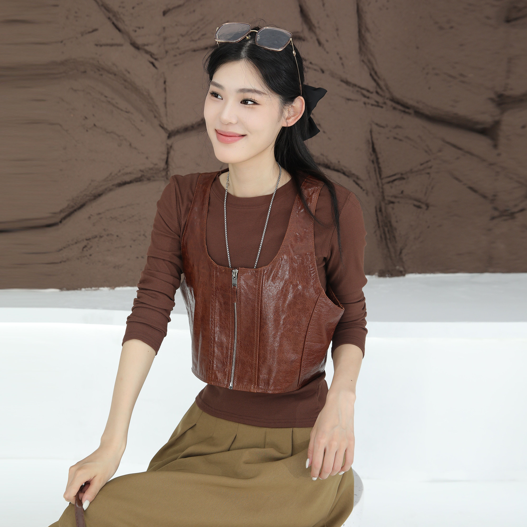秋季新款真皮前拉链显瘦马甲女