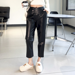 哈伦裤女款2025秋新款真皮黑色皮裤松紧腰九分裤绵羊皮显瘦休闲裤
