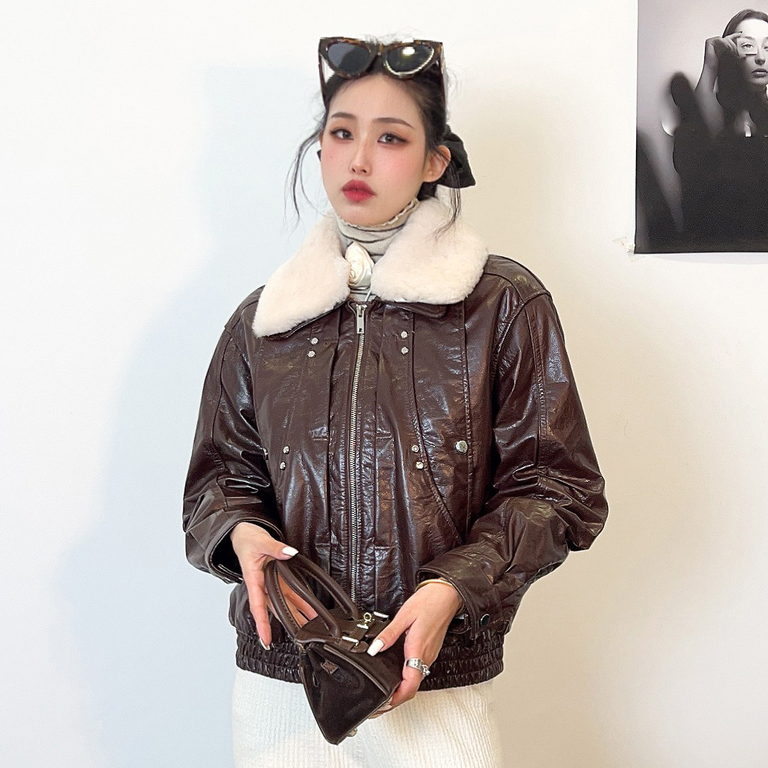 修身通勤常规咖色皮衣绵羊皮