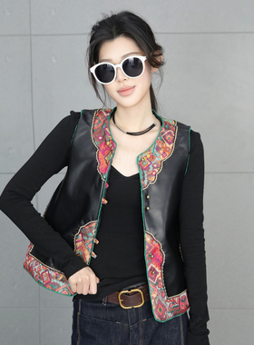 新中式国风绵羊皮皮拼接复古马甲女新款真皮盘扣气质洋气显瘦上衣
