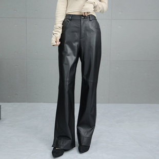 拖地裤女2025秋季新款真绵羊皮黑色皮裤显瘦长裤真皮松紧腰微喇裤