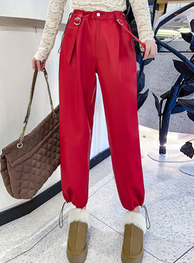 哈伦裤女2025秋季新款真皮红色皮裤松紧腰九分裤绵羊皮宽松休闲裤