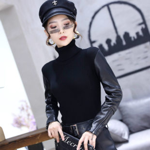 打底衫女修身2025秋冬新款真皮皮袖小衫高领绵羊皮长袖套头针织衫